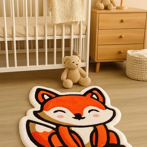 Cute fox rug placed in baby nursery interior with soft light – perfect for woodland-themed room