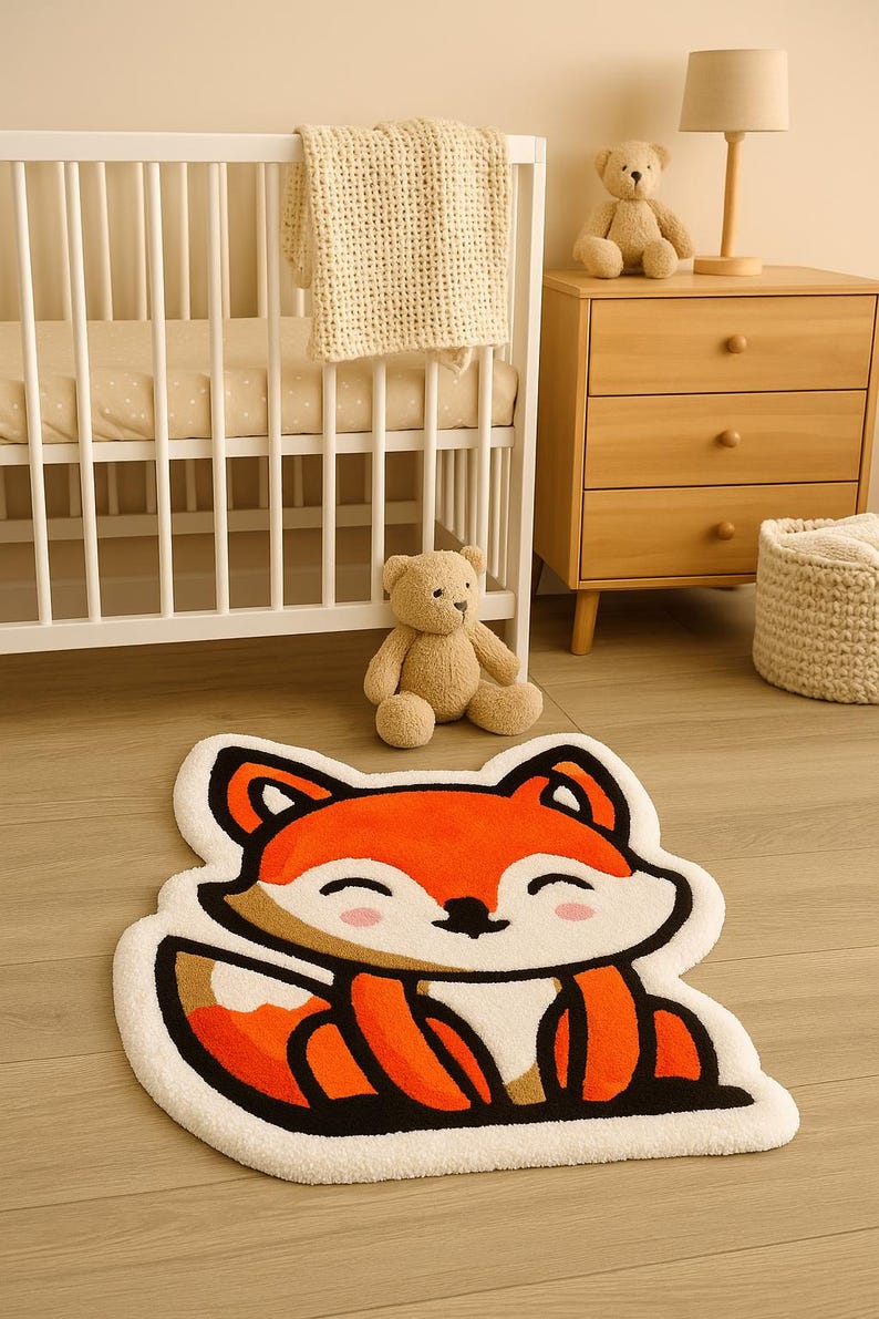 Cute fox rug placed in baby nursery interior with soft light – perfect for woodland-themed room
