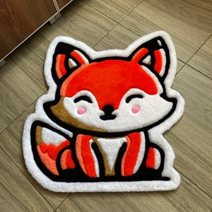 Full handmade fox rug with bold outline on wooden floor – unique kids room accent