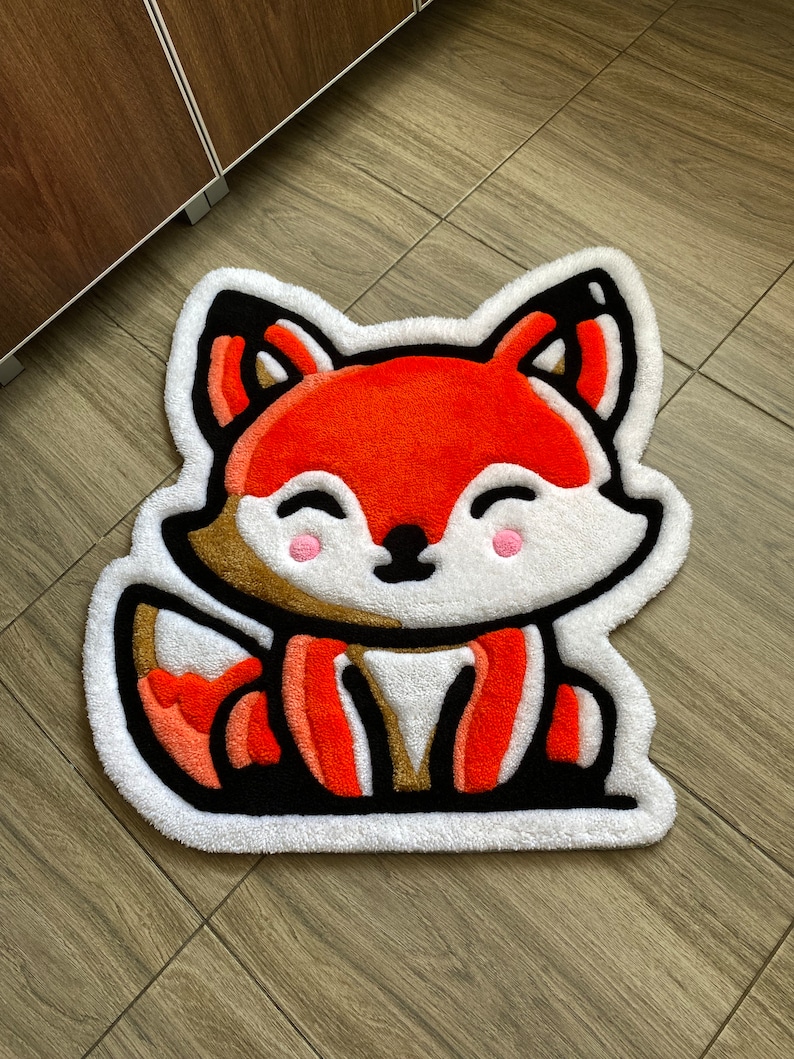 Full handmade fox rug with bold outline on wooden floor – unique kids room accent