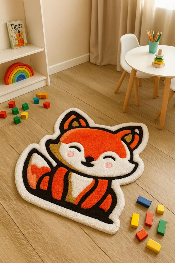 Handmade Tufted Red Fox Rug: Acrylic Nursery Decor
