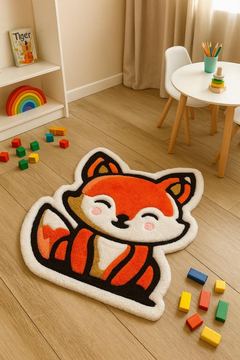 Handmade tufted red fox rug on wooden floor with toys – cute nursery rug for kids and baby room decor