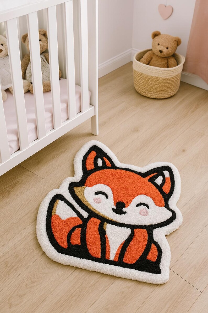 Hand-tufted fox rug in cozy nursery with wooden crib – woodland decor for baby room