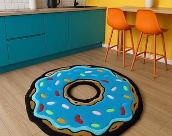 Blauw getuft donuttapijt – handgemaakt, op maat gemaakt rond vloerkleed voor keuken- en badkamerdecoratie