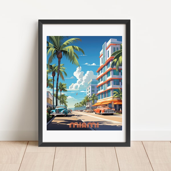 Miami Ocean Drive Print, Miami Beach Print, Miami Wall Decor, Miami Illustration, AI Art