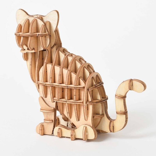 Assemblage modèle de chat, modèle de puzzle en bois 3D DIY 1 pièce, jouet mécanique fait main, ornement en modèle 3D