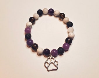 Crystals for Pet Loss, Gemstone Bracelet, Silver Pawprint Charm, Amethyst, Smoky Quartz, Moonstone, Lepidolite, Lava, Howlite