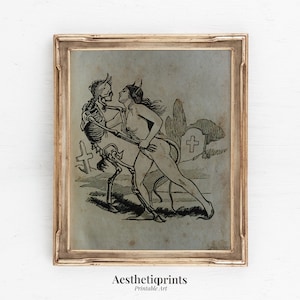 May include: A black and white illustration of a skeleton and a woman with horns dancing in a graveyard. The woman is holding the skeleton's hand and they are both smiling. There is a tombstone with a cross in the background.