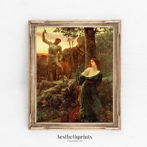 以下が含まれることがあります： 剣を持った騎士、緑のドレスを着た女性、倒れた人物が描かれた古典絵画の額入りプリント。このアートワークは、暖かいアースカラーの森の風景と「AesthetiPrints Printable Art」のテキストが特徴です。