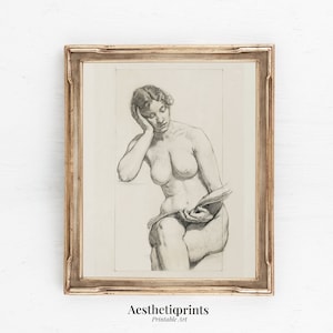 Vintage Naked Woman Sketch, Printable Classical Nude Art, Antique Nude Drawing, Minimal Home Decor, Digital Download