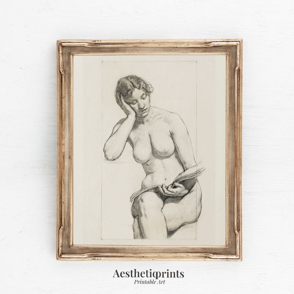 Vintage Naked Woman Sketch, Printable Classical Nude Art, Antique Nude Drawing, Minimal Home Decor, Digital Download
