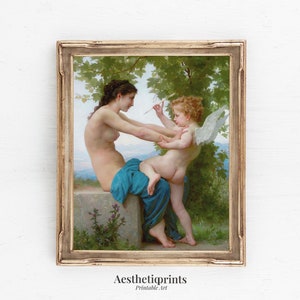 Pintura antigua de niña y Eros, pintura de Cupido vintage, descarga instantánea, arte de pared de mitología griega, arte antiguo imprimible
