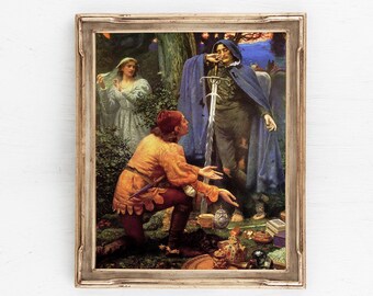 Puede incluir: Impresión enmarcada de una escena medieval con tres figuras. Un hombre de naranja se arrodilla ante una figura con una capa azul que sostiene una espada. Una mujer de blanco está de pie en el fondo. El marco es de color marrón claro. Texto: "Aesthetiqprints Printable Art."