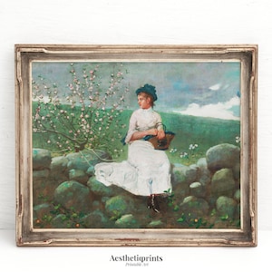 Vintage Peach Blossoms Painting, Mid Century English Woman Portrait Wall Art, Nursery Wall Art Decoration, Farmhouse Kitchen Decor