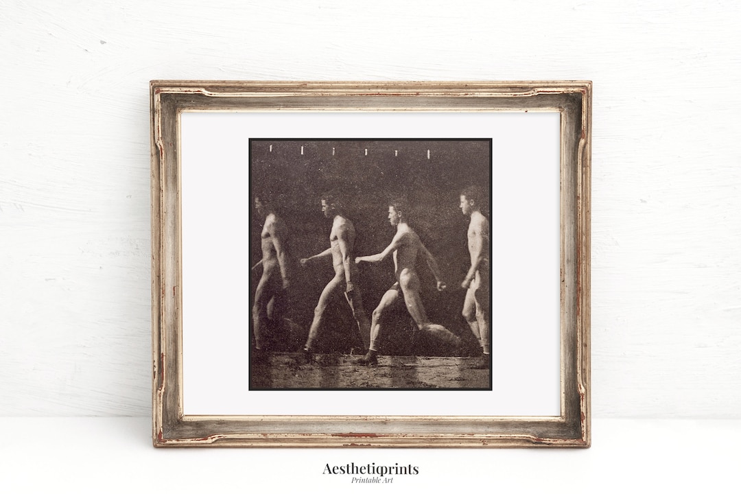 Walking Naked Men Photo Print, Vintage Aesthetic Wall Art, Printable Antique Photo, Black and