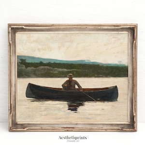 Antique Fisherman Painting, Lake House Decoration, Moody Wall Art Printable, Nursery Wall Print, Fishing Wall Art, Digital Download