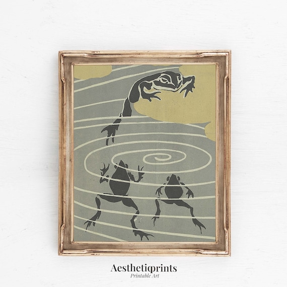 Vintage Frogs Poster Print, Cottagecore Wall Art, Frogcore Aesthetic, Minimalist Swamp Art Work, Bathroom Wall Decor, Digital Download