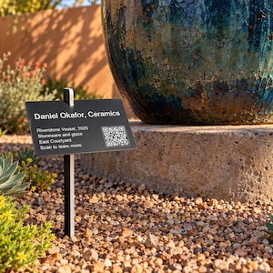 Sculpture Marker with QR Code | Art Exhibit Sign | Engraved Aluminum Stake | Outdoor Artist Label