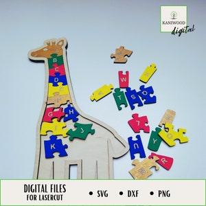 Alphabet Learning Puzzle, Giraffe Puzzle, Montessori Learning, Wooden Puzzle, Customizable Laser Cut File, Digital Download, SVG