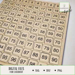 Puede incluir: Una tabla de madera con 90 cuadrados numerados, cada uno con un contorno negro. La tabla está diseñada para corte por láser y está etiquetada "ARCHIVOS DIGITALES PARA CORTE LÁSER".