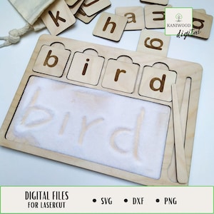 Tablero sensorial Montessori, letras del alfabeto, aprendizaje de palabras y escritura, archivo listo para cortar con láser, descarga digital, SVG