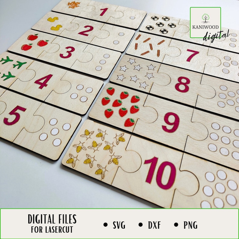 May include: A set of ten wooden puzzle pieces with numbers 1 through 10, each with a corresponding number of images. The images include leaves, ducks, apples, airplanes, bees, strawberries, stars, soccer balls, hot dogs, and circles. The puzzle pieces are designed for laser cutting.