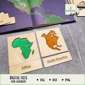 Montessori Holz Kontinente, Geographie Lernwerkzeug, Kontinente Puzzle, Laser geschnitten dateibereit, digitaler Download, SVG