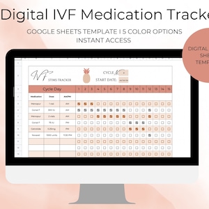 Peut inclure: Un modèle de feuille de calcul Google numérique pour le suivi des médicaments de FIV. Le modèle comprend une section pour les médicaments, le dosage et l'heure de la journée, ainsi qu'un calendrier pour le suivi des jours du cycle. Le modèle est conçu pour aider les gens à gérer leur programme de médicaments de FIV.