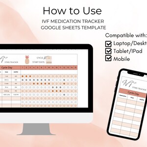 May include: A digital screen displaying a Google Sheets template for tracking IVF medication. The template is titled "Stim Tracker" and includes a section for medication, dose, and cycle day. The template is compatible with laptop, tablet, and mobile devices.