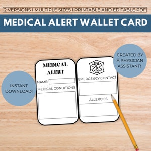 Emergency Medical Wallet Card, Medical Alert Card