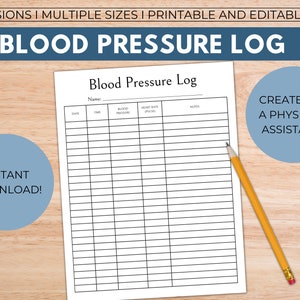 Printable Blood Pressure Log, Blood Pressure Tracker, Fillable PDF