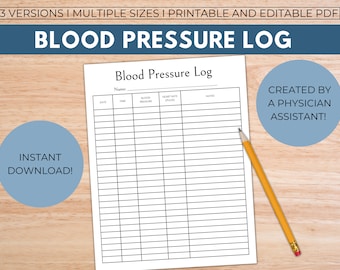 Printable Blood Pressure Log, Blood Pressure Tracker, Fillable PDF
