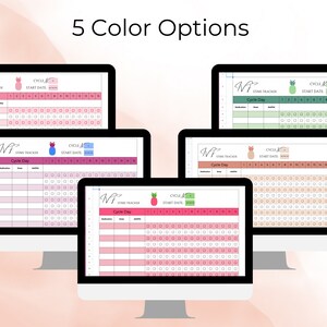 May include: Five different color options for a printable menstrual cycle tracker. Each tracker has a pineapple graphic and the text "Cycle #" and "Start Date".