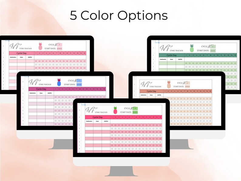 May include: Five different color options for a printable menstrual cycle tracker. Each tracker has a pineapple graphic and the text "Cycle #" and "Start Date".