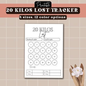 Puede incluir: Un rastreador de pérdida de peso imprimible con un diseño en blanco y negro. El rastreador se titula "20 Kilos Perdidos" y tiene una cuadrícula de 20 círculos para rastrear la pérdida de peso. El rastreador también incluye una sección para recompensas con una tabla para rastrear los hitos de la pérdida de peso.