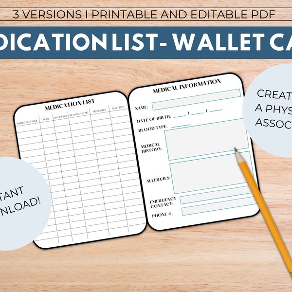 Medication List Wallet Card with Emergency Contact and Medical Information