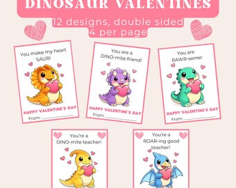 Printable Dinosaur Valentine's Day Cards for Kids | Kids Classroom Valentines | Instant Download | DIY Valentines
