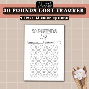Puede incluir: Un rastreador de pérdida de peso imprimible con 30 círculos para rellenar a medida que pierdes peso. El rastreador tiene espacios para tu peso inicial y tu peso objetivo. El título es "30 Pounds Lost".