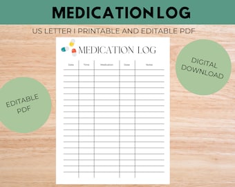 Medication Log, Printable Medication Log, Editable PDF, Digital Download
