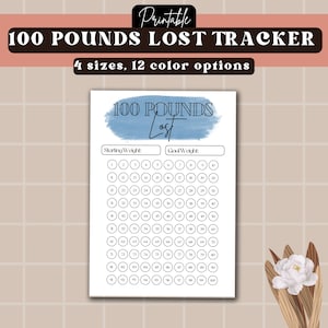 Puede incluir: Seguimiento de pérdida de peso de 100 libras imprimible con un fondo de acuarela azul. El seguimiento tiene una cuadrícula de 100 círculos con los números del 1 al 100. Hay dos espacios en blanco en la parte superior para el peso inicial y el peso objetivo.