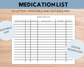 Medication List, Printable, Fillable PDF