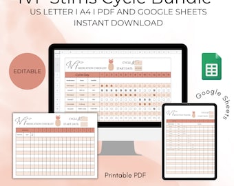 May include: Digital IVF stims cycle bundle with medication checklist and tracker. Includes US Letter, A4, PDF, and Google Sheets formats. Features a peach and white colour scheme with a pineapple graphic. Instant download.