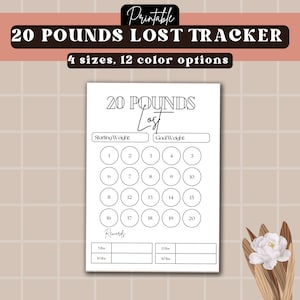 Puede incluir: Un rastreador de pérdida de peso imprimible con el texto "20 POUNDS LOST TRACKER". El diseño incluye espacios para los pesos iniciales y objetivo, y círculos numerados del 1 al 20 para rastrear el progreso. También tiene secciones de recompensas. Disponible en 4 tamaños y 12 opciones de color.