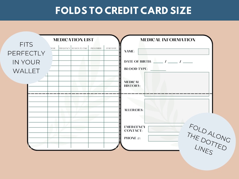 Medication List Wallet Card With Emergency Contact and Medical