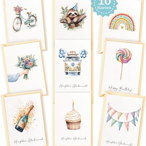 Watercolor greeting cards with envelopes & stickers in a gift set of 10 – high-quality birthday cards, greeting cards, congratulation cards