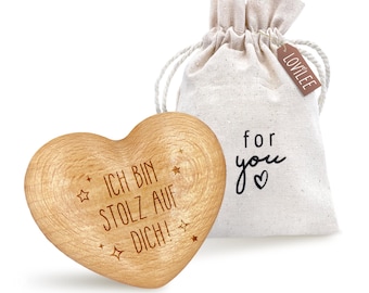 Wooden heart charm, "I'm proud of you" – heart including extra gift bag & greeting card set – lucky charm, gift, encouragement