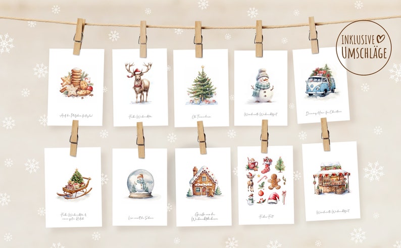 LOViLEE® Weihnachtskarten 10er Set inkl. extra Umschläge & Sticker hochwertige Postkarten zu Weihnachten Grußkarten premium Qualität Bild 2