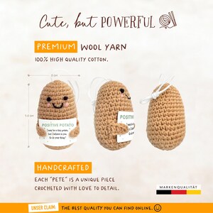 Coffret cadeau « Patate porte-bonheur » crocheté à la main en anglais : sac cadeau, porte-clés (Pocket Hug) et autocollant inclus. Fait main. image 5