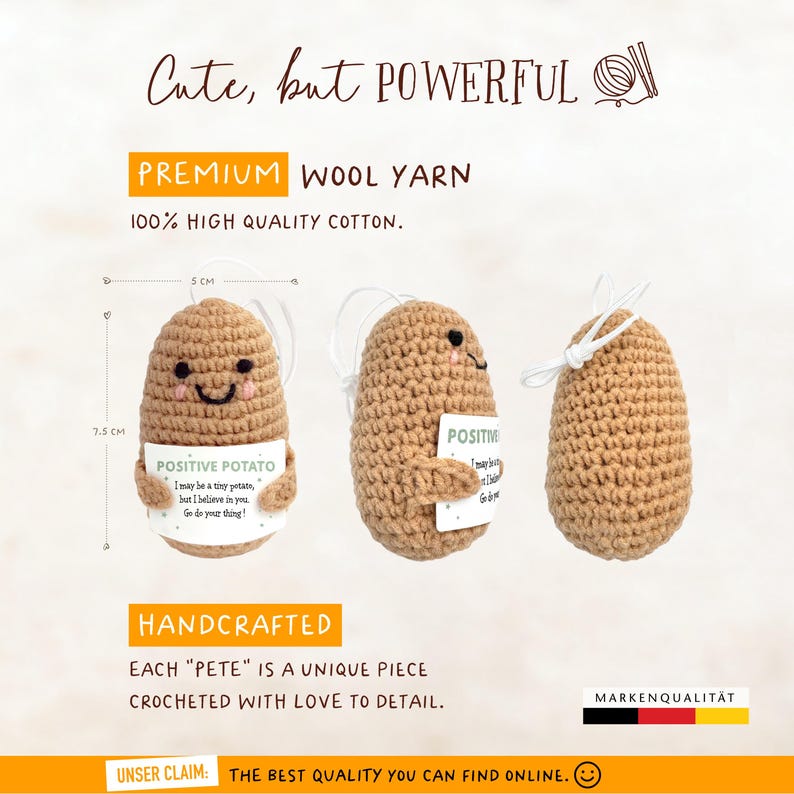 Coffret cadeau « Patate porte-bonheur » crocheté à la main en anglais : sac cadeau, porte-clés (Pocket Hug) et autocollant inclus. Fait main. image 5