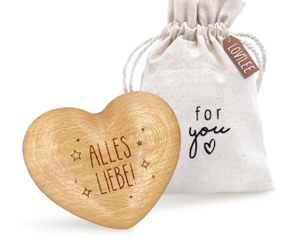 Wooden heart charm, "All My Love" – heart including extra gift bag and greeting card set – lucky charm, gift, encouragement, friendship